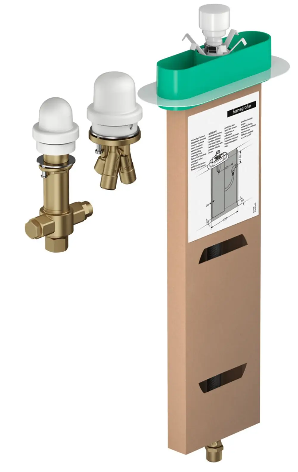 Montage-Set von Hansgrohe für einen 3-Loch-Wannenrandmischer. Enthält verschiedene Komponenten wie Ventile und einen Installationskörper in Kartonverpackung.